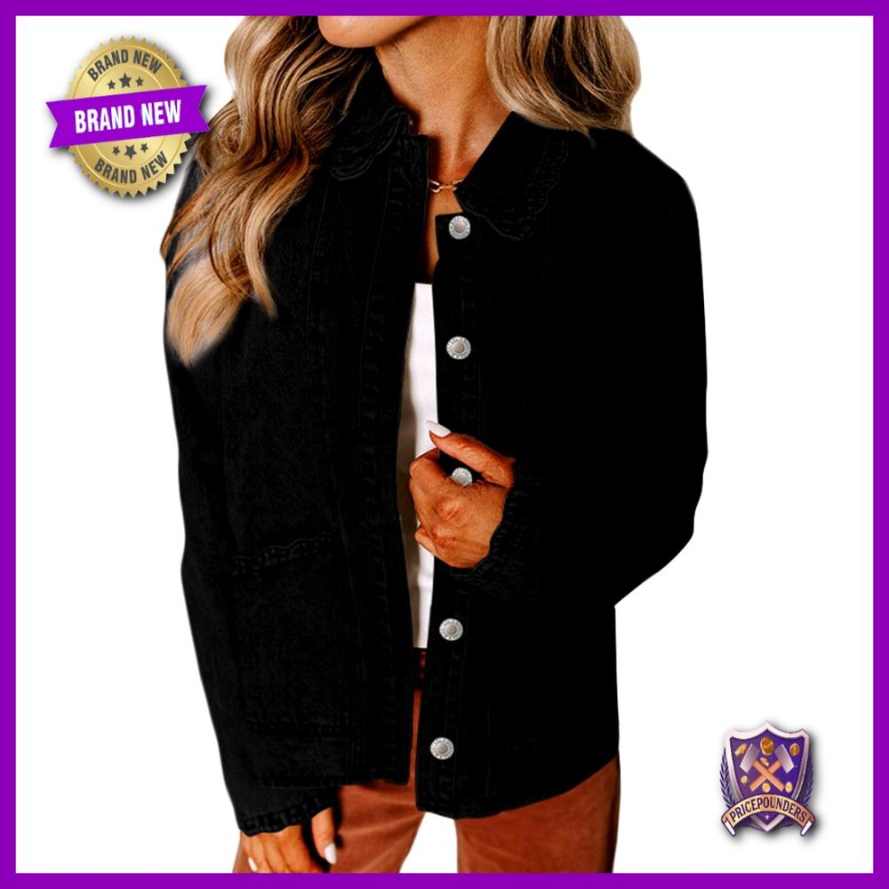 Oversized Denim Jacket Button Down Ruffled Shacke… - image 1